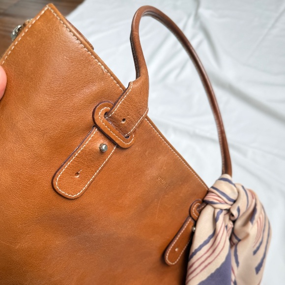 Super cute Brown Genuine Leather Tote Bag with scarf accent - Picture 3 of 13